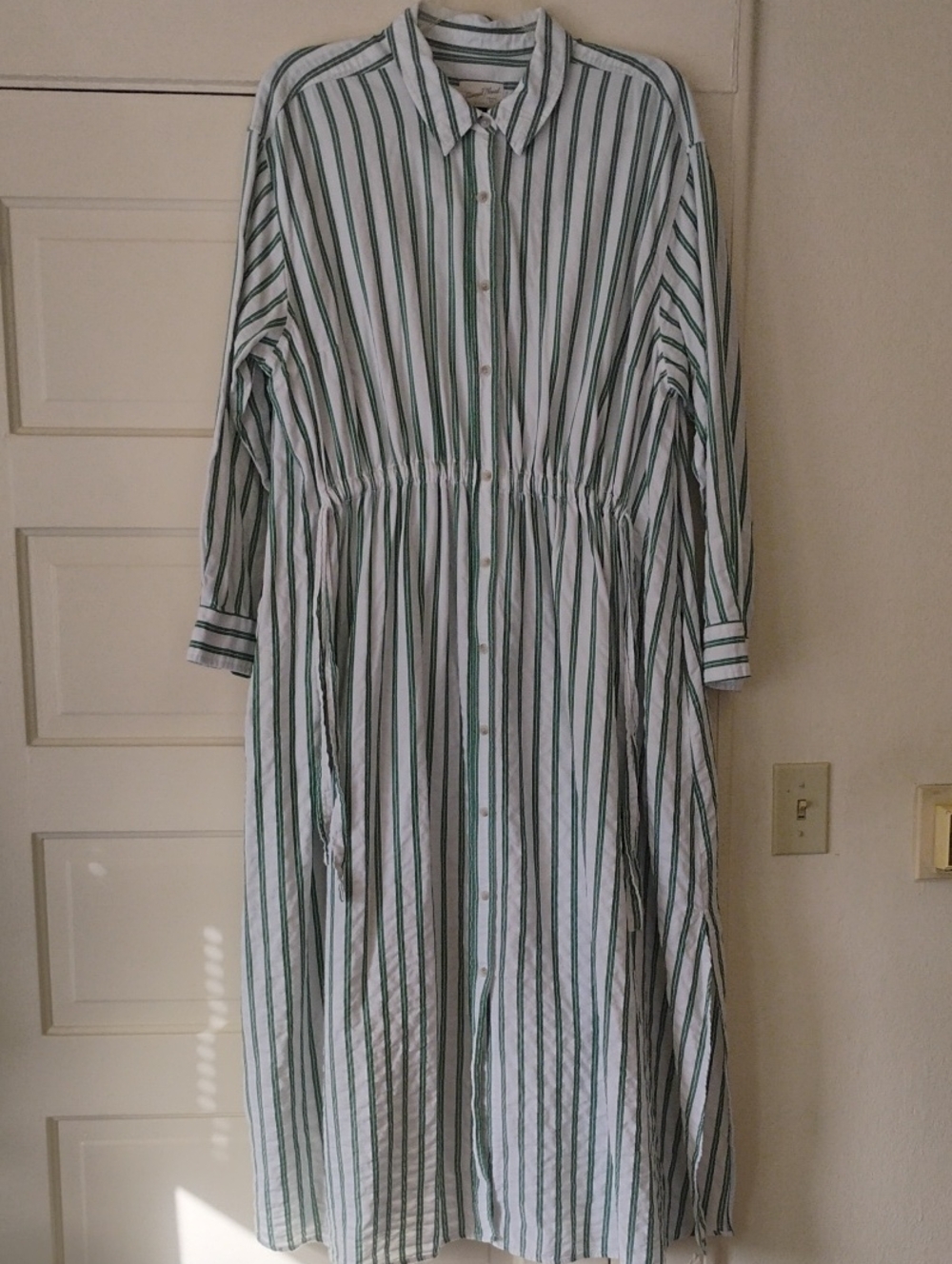Universal Thread Green&White Striped Long-Sleeve Maxi Shirt Dress 99% Cotton